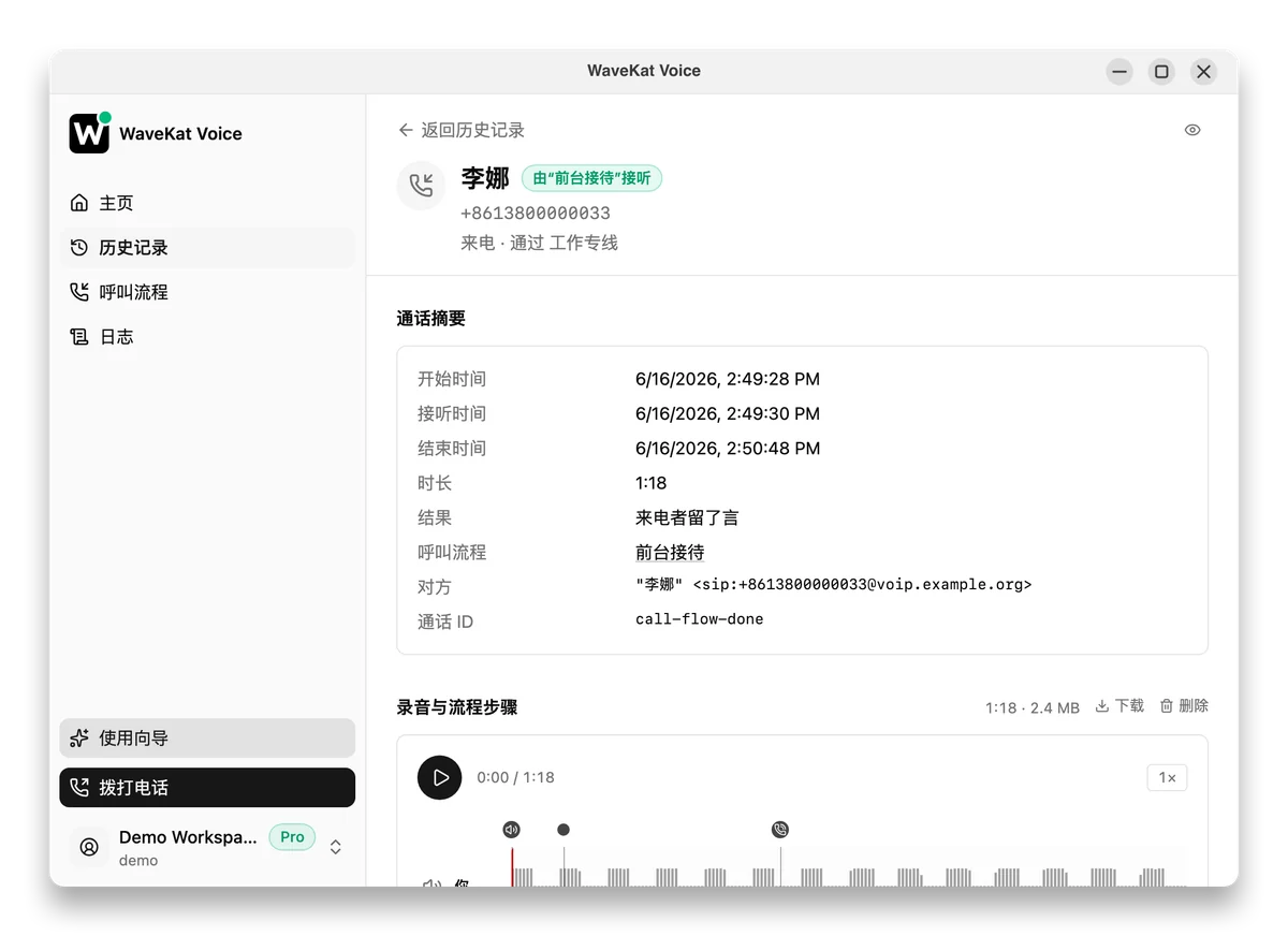 Ubuntu 上的 WaveKat Voice —— 一通由流程接听、已结束的通话:「由前台接待接听」标记、结果显示「来电者留了言」,下方是录音。