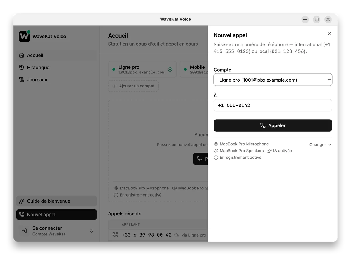 WaveKat Voice sur Ubuntu — la fiche Nouvel appel ouverte avec un numéro de téléphone déjà rempli, prêt à composer.