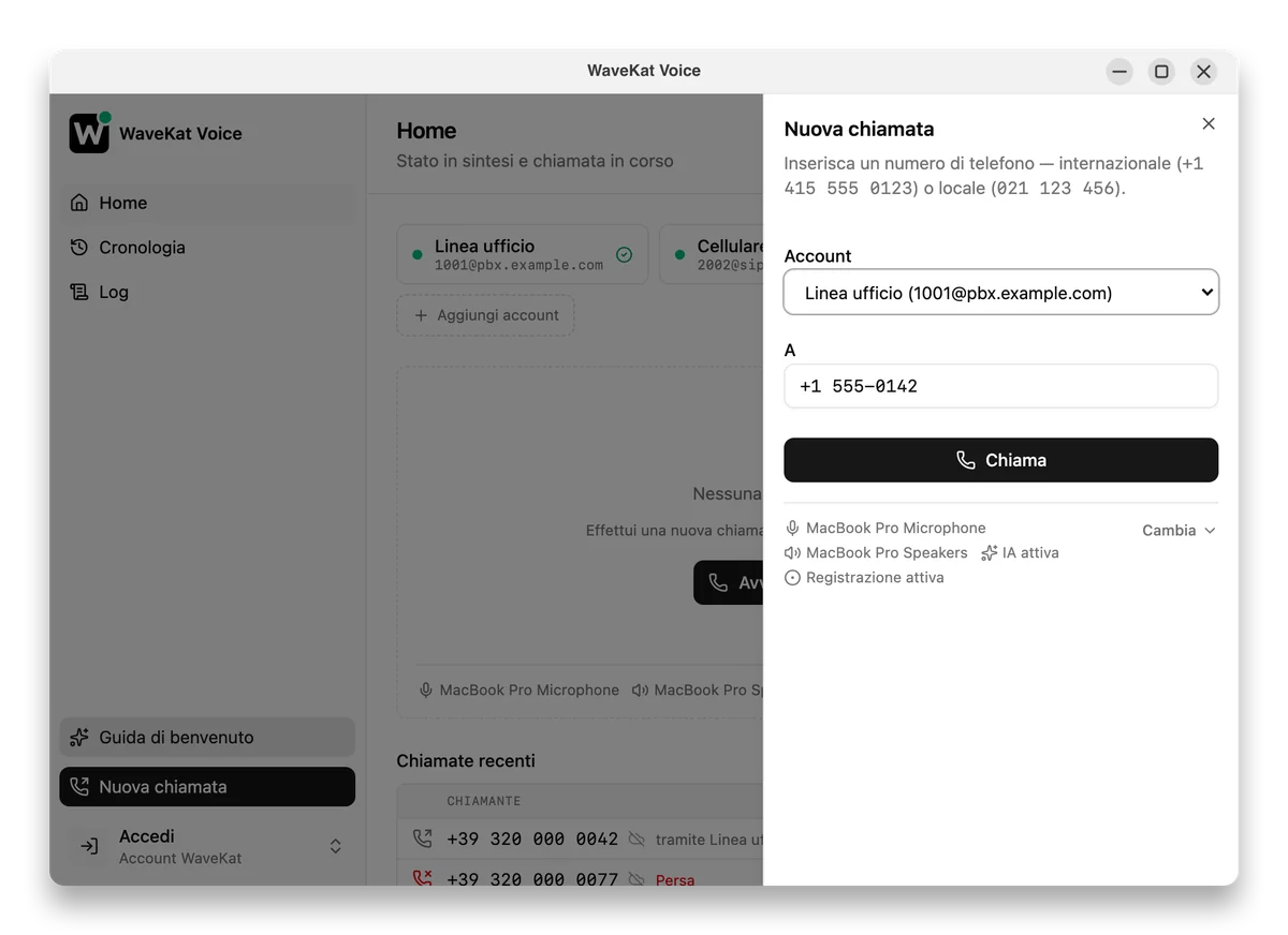 WaveKat Voice su Ubuntu — la scheda Nuova chiamata aperta con un numero di telefono già inserito, pronto da comporre.