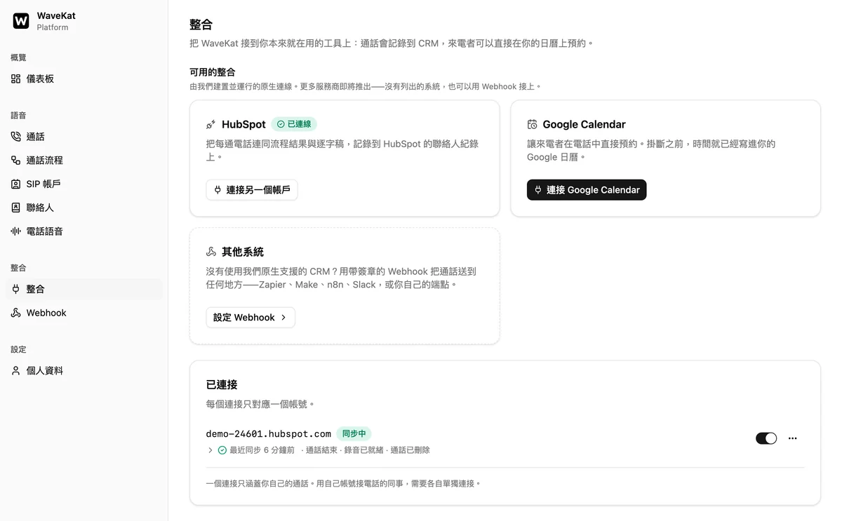 網頁版 WaveKat 的「整合」頁面——HubSpot 在可用整合裡標著「已連接」，下方是已連接的帳號，顯示「同步中」和幾分鐘前的最近一次同步。