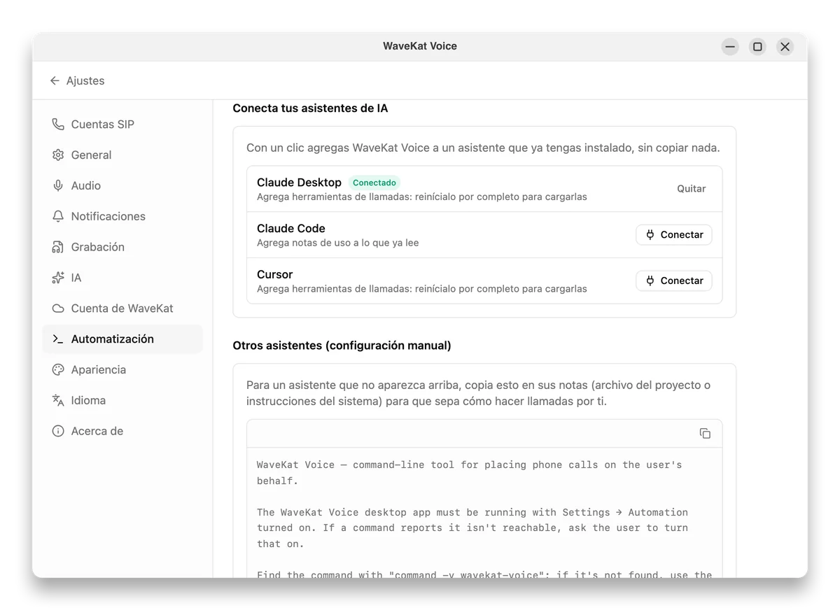 WaveKat Voice, Ajustes → Automatización — conectando asistentes de IA como Claude y Cursor con un botón de Conectar de un clic.